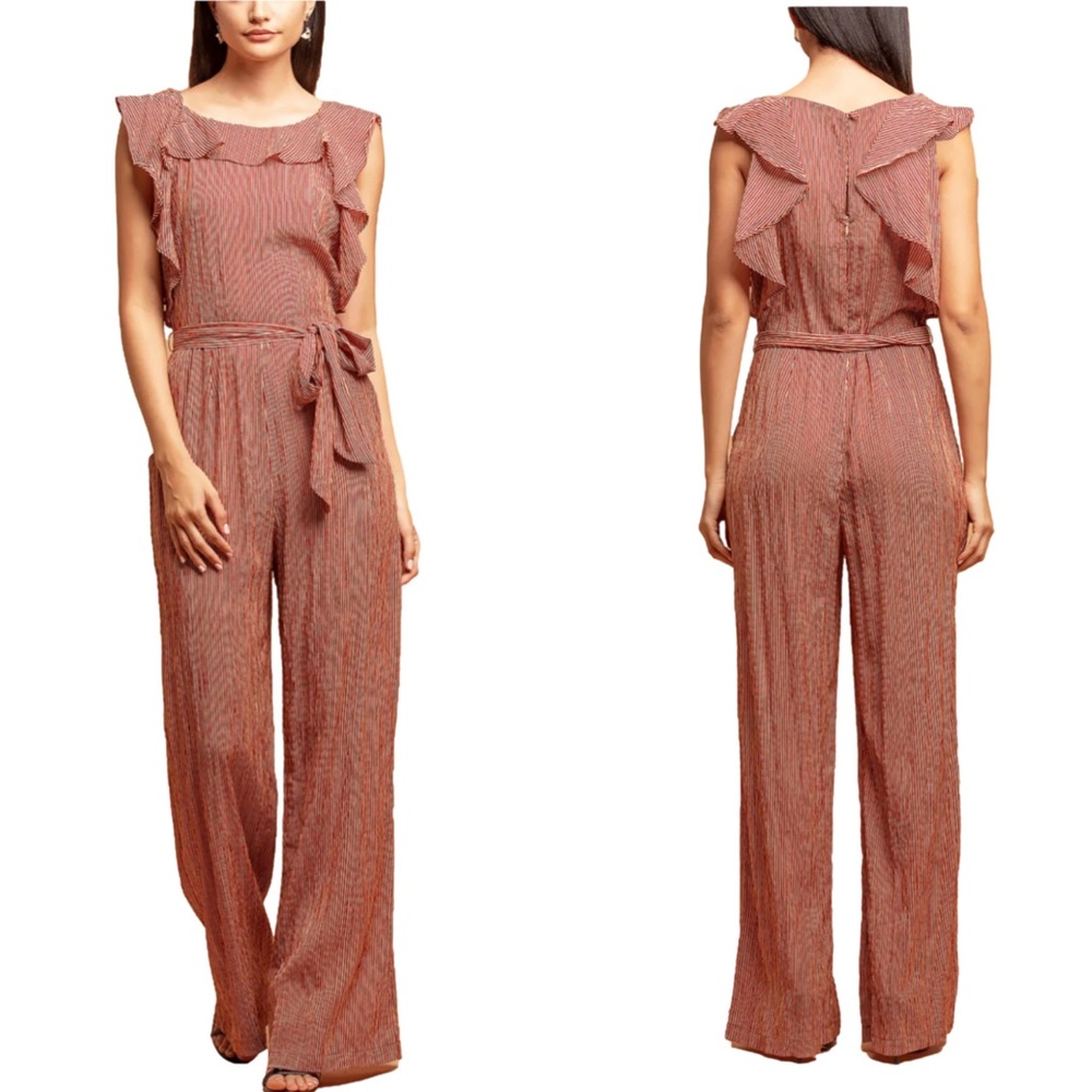 Anthropologie Eva Franco Ruffle Striped Jumpsuit in Terracotta Small Pockets - Picture 1 of 16